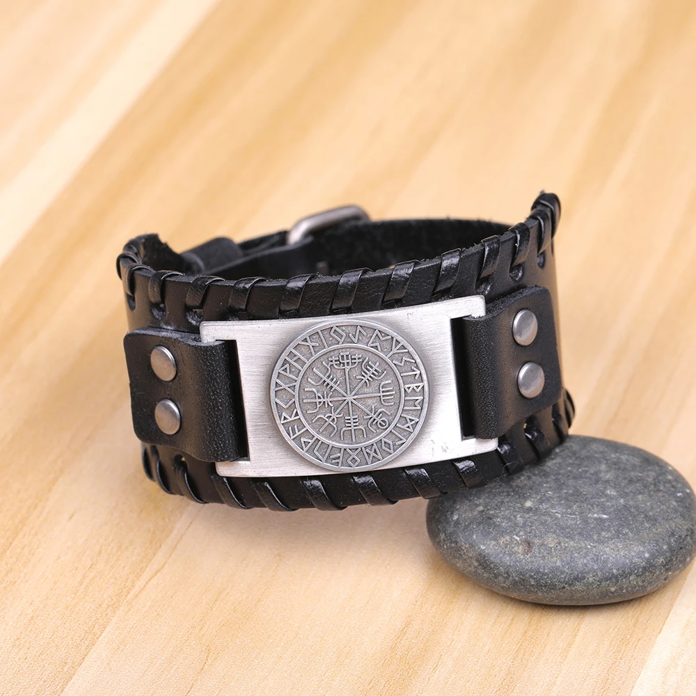 

Fishhook Norse Runes Sun Wheel Leather Bracelet & Bangles Vegvisir Viking Amulet Charms Jewelry Scandinavian Cuff Tailsman