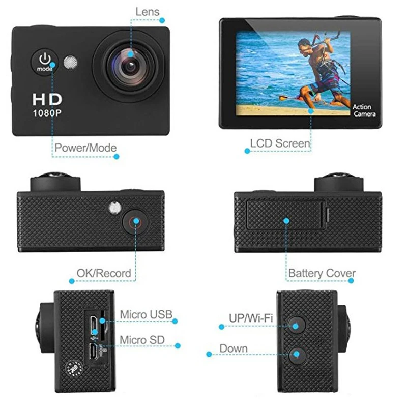 Экшн-камера HD 1080P водонепроницаемый 140 градусов широкоугольный объектив Спортивные видеокамеры 4k camara deportiva Спортивная камера