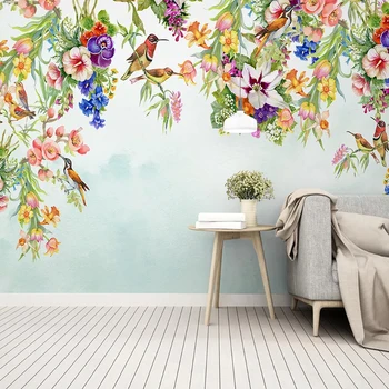 

3D Wall Murals Nordic Style Hand-painted Watercolor Flower And Bird Lily Background Wall Paper Living Room Papel De Parede Sala