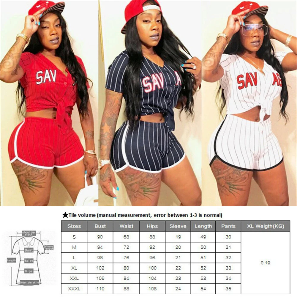 New Women Baseball Jerseys Short Sleeve Baseball Shirts Striped Letter Print V-neck Top Sexy Shorts Costume Set
