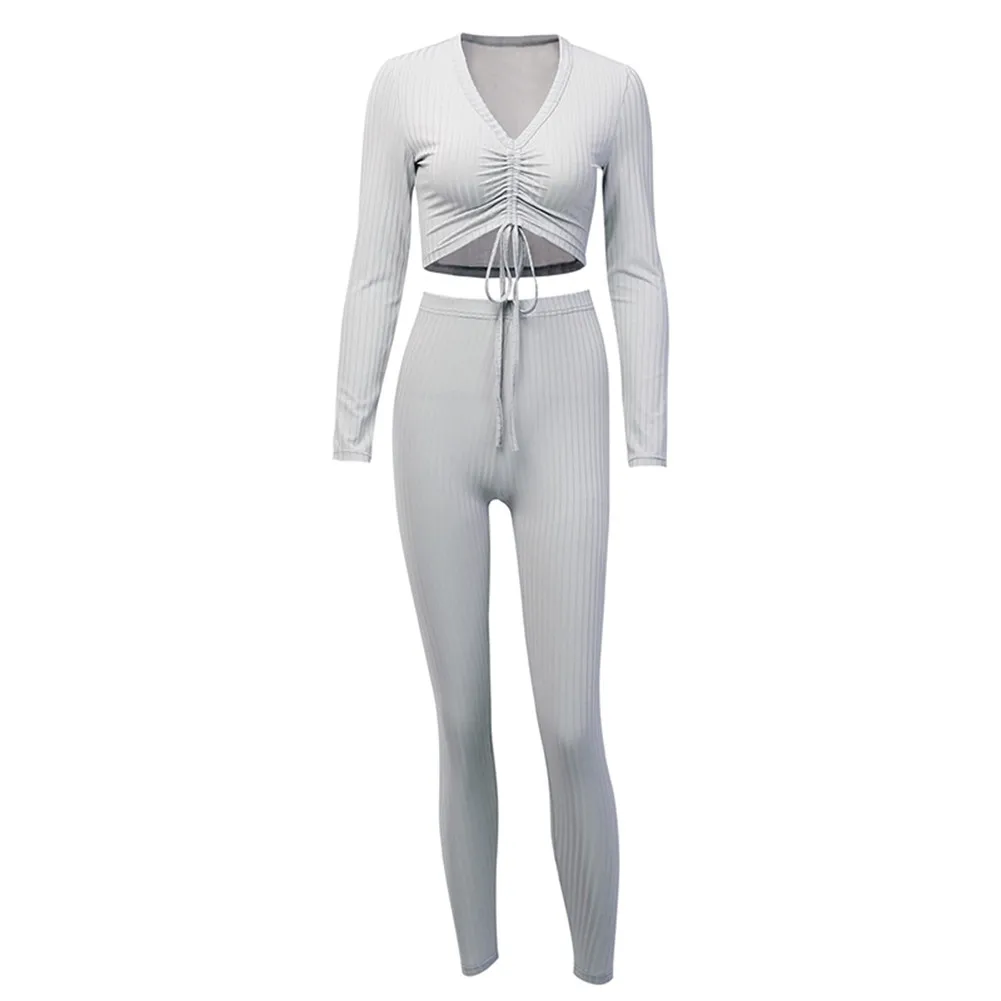 Fashion Brand New Autumn Women Knit Crop Top Lounge Wear Suit Ladies 2pcs Tracksuit Set Casual Long Pants