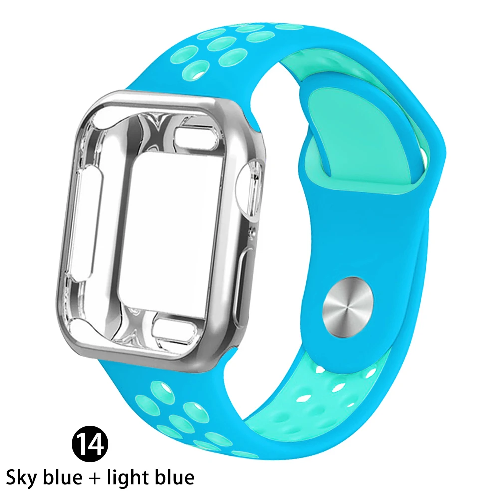 Силиконовый спортивный ремешок+ чехол для apple watch 5 4 3 2 1 серия 38 мм 42 мм ремешок для iwatch 40 мм 44 мм браслет аксессуары для запястья - Цвет ремешка: Sky blue light blue
