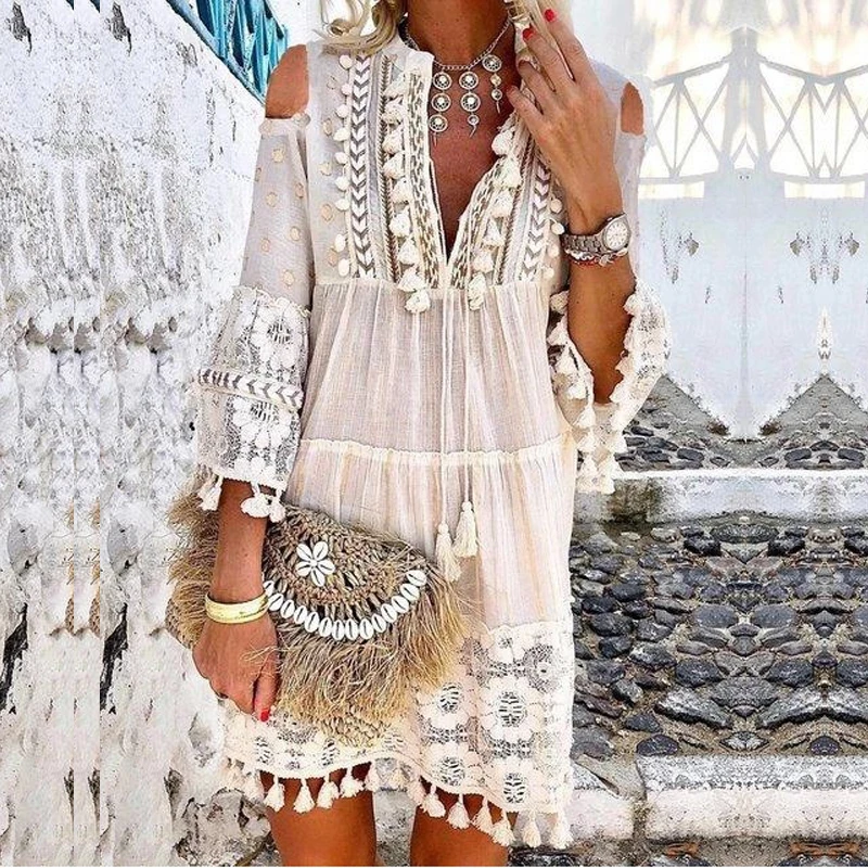 v neck Boho Chic Dress Women solid tassel summer linen bohemian style dress long sleeve Plus Size hipple Dresses femme v neck Boho Chic Dress Women solid tassel summer linen bohemian style dress long sleeve Plus Size hipple Dresses femme