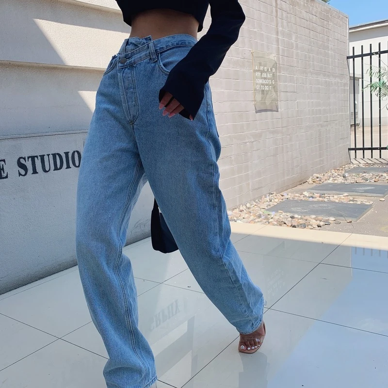 Vaqueros Retro de pierna recta para mujer, vaqueros de cintura alta holgados asimétricos, Vaqueros informales de moda para mujer
