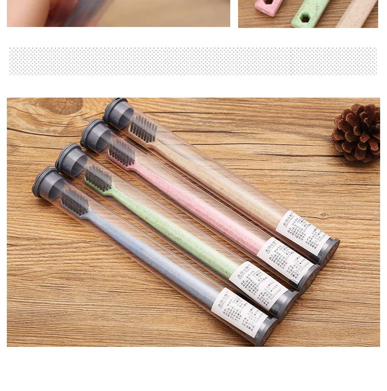 Octagonal Handle Perforated Orange Rod Toothbrush One-piece Set Simple Portable Travel Wheat Toothbrush with Toothbrush Case 444