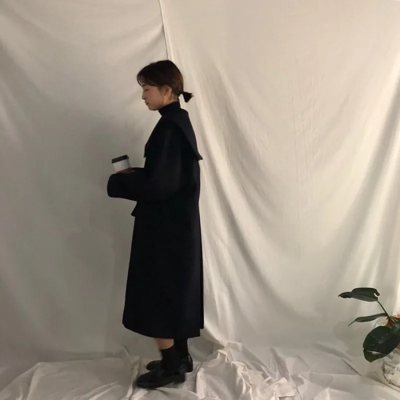 [EWQ] осенне-зимние новые свободные черные пальто с длинными рукавами больших размеров женские шерстяные толстые теплые шерстяные пальто в Корейском стиле QL25001S