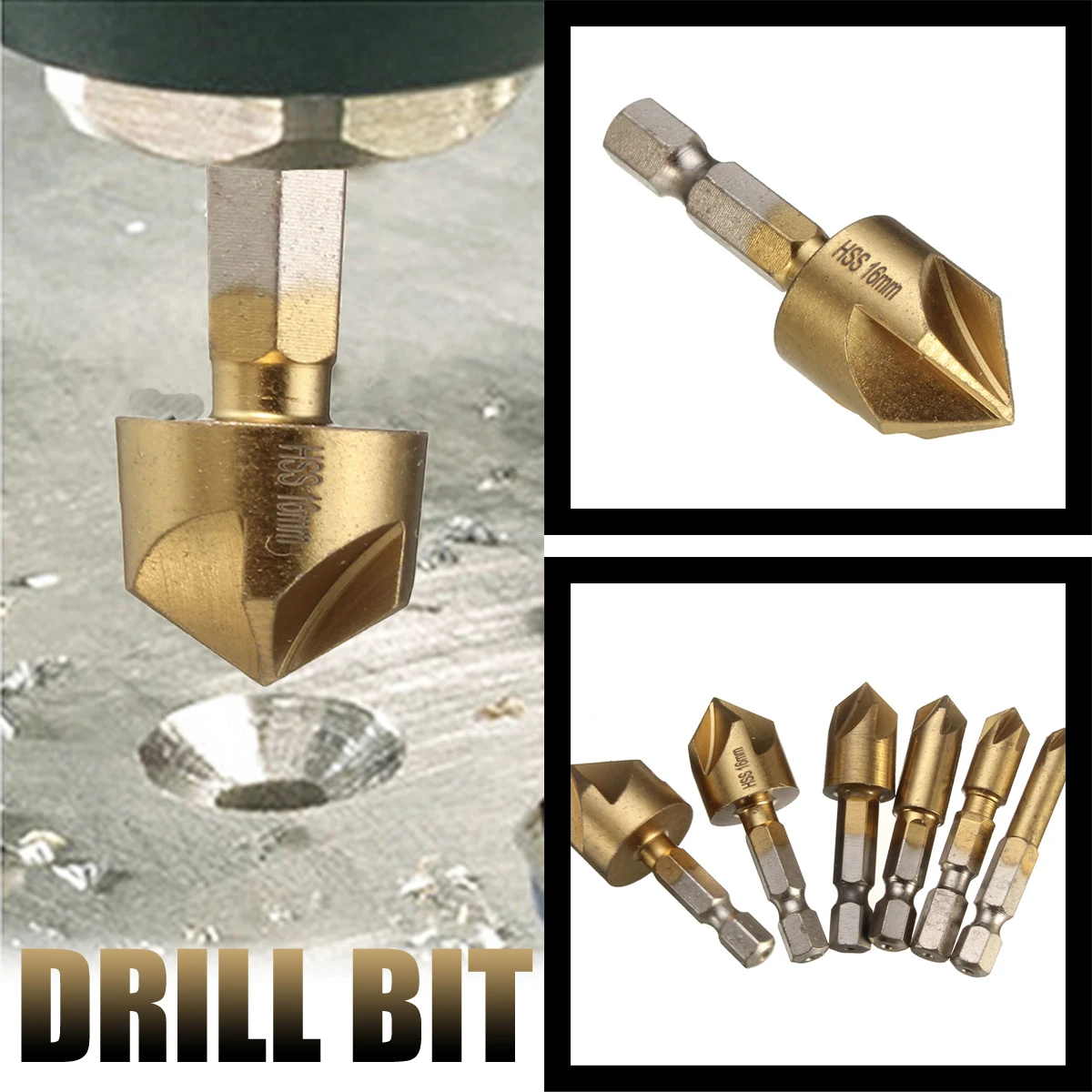 Drillpro 6pcs 6-19mm Countersink Drill Bit 5 Flutes Hex Shank Titanium Coated Chamfer Cutter Set