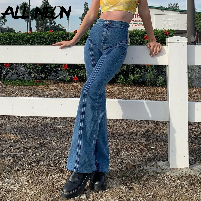 

ALLNeon Y2K Fashion Stitch High Waist Flare Jeans E-girl Vintage Denim Slim Long Trousers 90s Streetwear Fashion Blue Bottoms