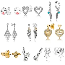 Классические серьги Pan dora, Стерлинговое Серебро 925 пробы, сердце, любовь, Кристальный логотип, крылья ангела, висячие серьги-гвоздики для женщин, подарок