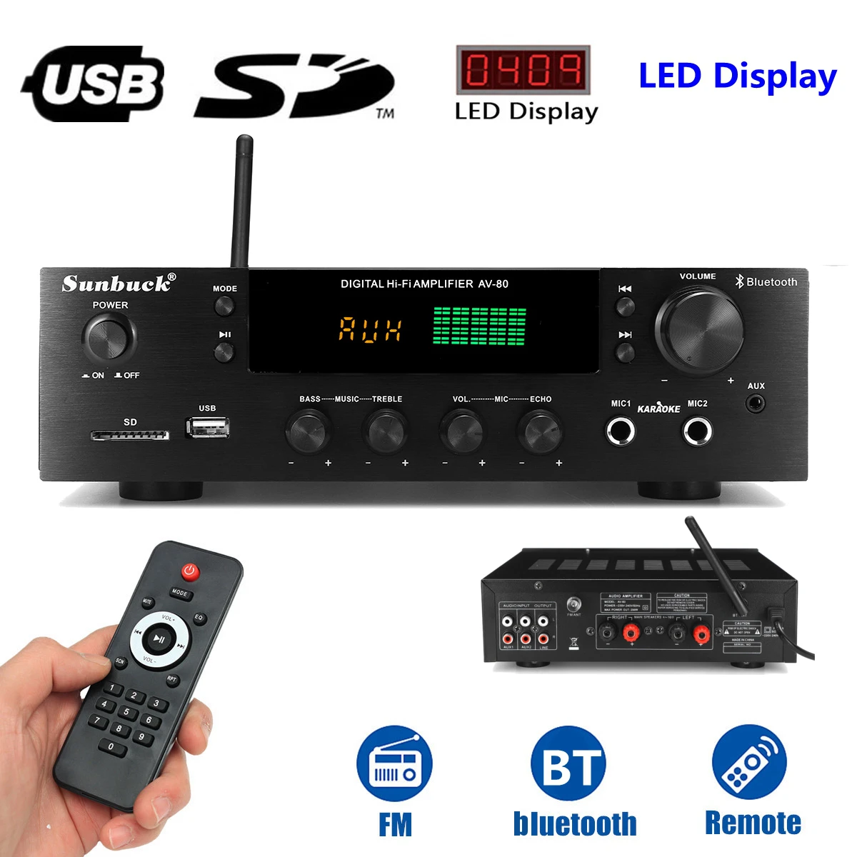 US $46.79 TELI BT1388 HiFi Auto Technology Bluetooth Power Stereo Amplifier Audio Karaoke FM Receiver USB SD Bluetooth Amplifer Board