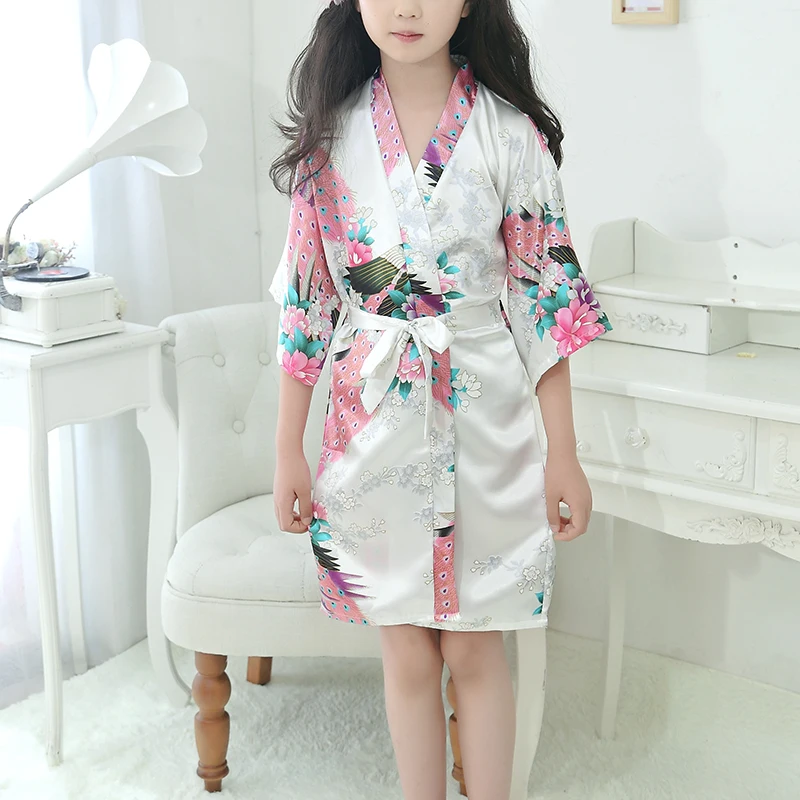 Детская Пижама-кимоно для девочек на свадьбу с цветочным рисунком, шелковое атласное платье, халат для сна