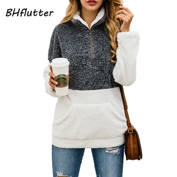 

BHflutter Warm Fluffy Jacket Women Zip up Stand Collar Autumn Winter Coat Pullover Pockets Casual Outerwear Tops chaqueta mujer