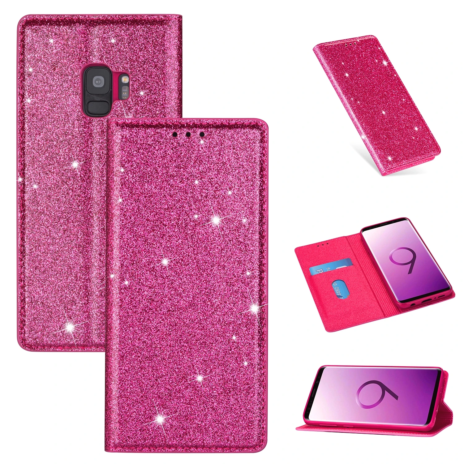Флип-чехлы из искусственной кожи для samsung Galaxy Note 10, 8, 9, S10, S8, S9 Plus, S10e, S6, S7 Edge, блестящий чехол-подставка для карт - Цвет: Rose red