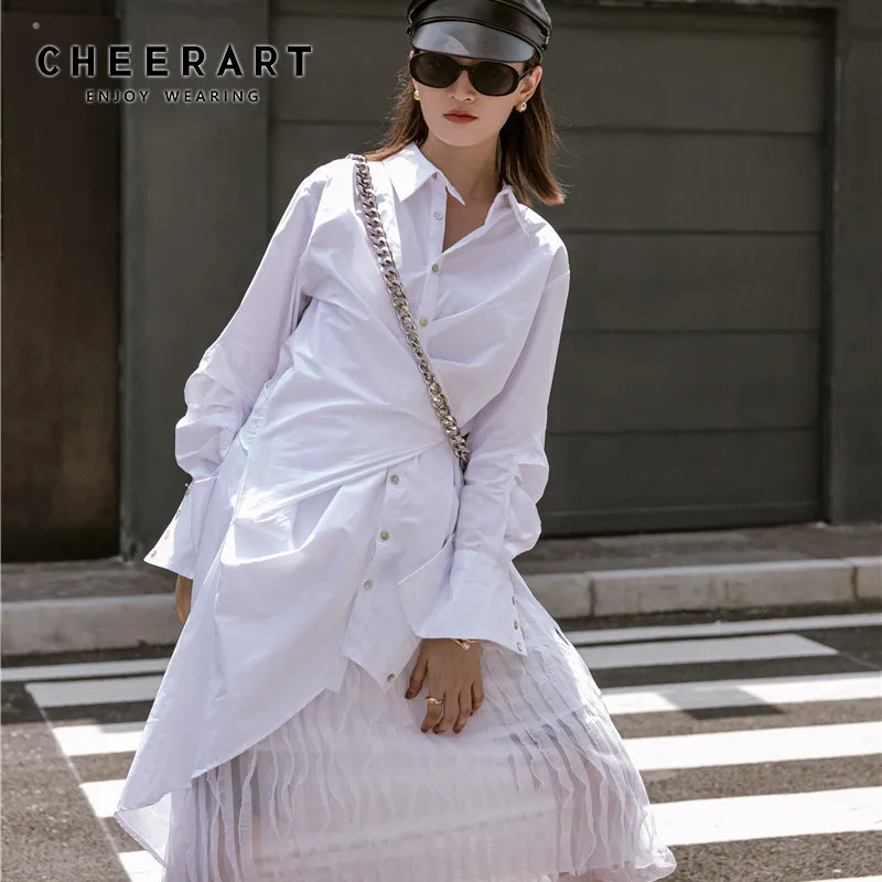 CHEERART White Asymmetrical Shirt Dress Long Sleeve Button Autumn Designer 2019 Fall Fashion Women Runway Clothing | Женская одежда