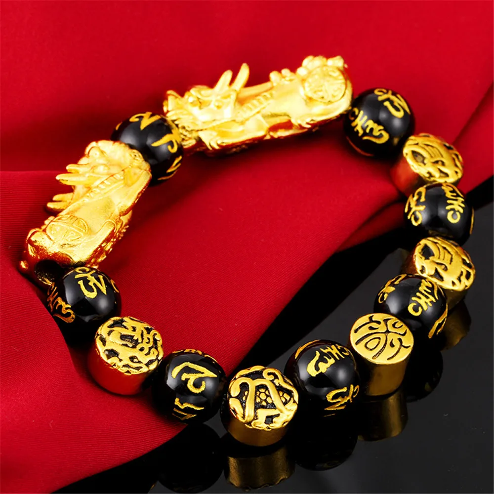 

Wholesale Exquisite Imitation Gold Double Pixiu Charm Bracelet 12mm Natural Black Six Words Onyx Beads Bracelets for Fashion Men