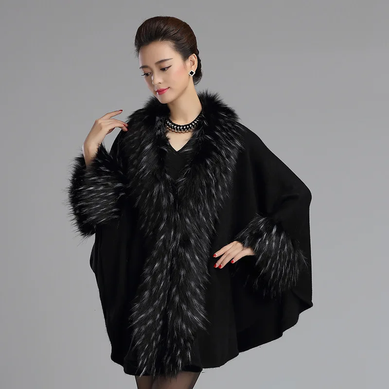 

SWONCO Fur Cape Coat Women Winter Warm Knit Cloak 2019 Female Luxury Faux Fox Fur Capa Con Capucha Black Cardigan Shawl Cloak