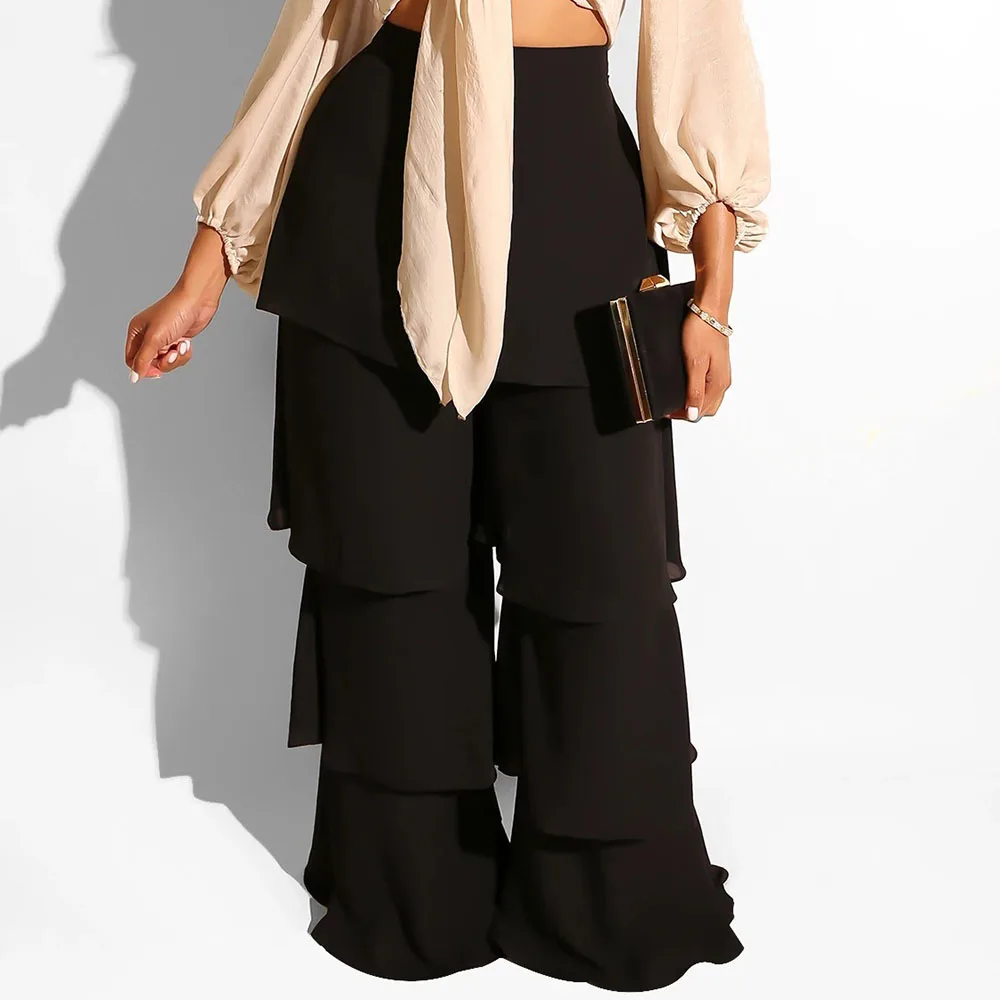 Женские многослойные модные повседневные расклешенные брюки с рюшами, африканские женские брюки, черная уличная одежда, красные расклешенные брюки с высокой талией, осенние брюки
