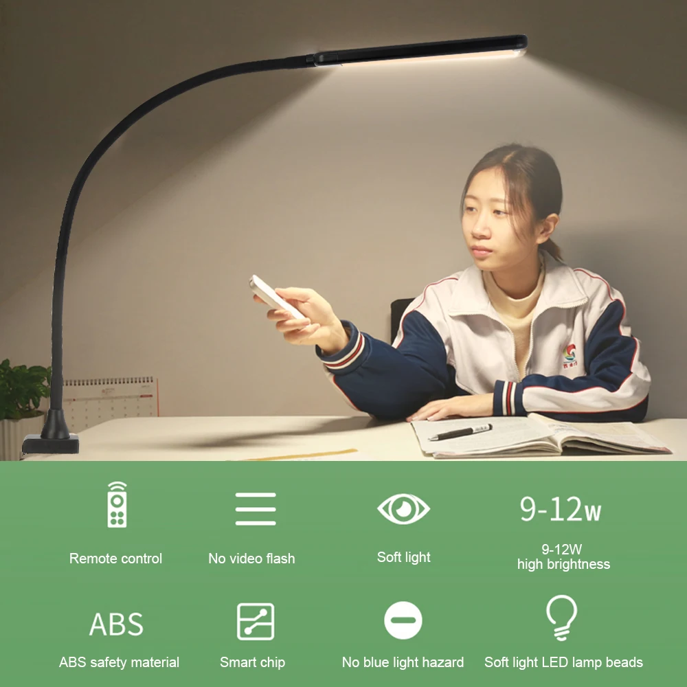 Long Arm Flexible Desk Lamp Clip Remote Control Eye-protected Office Led Table Lamp For Bedroom 5-Level Brightness&Color