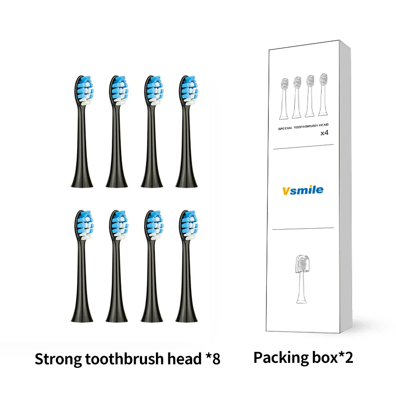 Vsmile 4 или 8 Сменные насадки для зубных щеток черные “сильные” насадки для электрической зубной щетки es - Цвет: 8 Black Brush Heads
