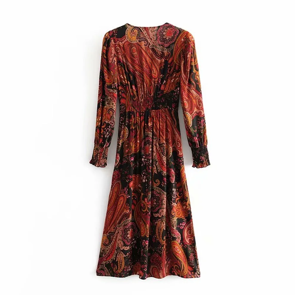 Женское платье миди с длинным рукавом V образным вырезом и помпонами|Платья| |