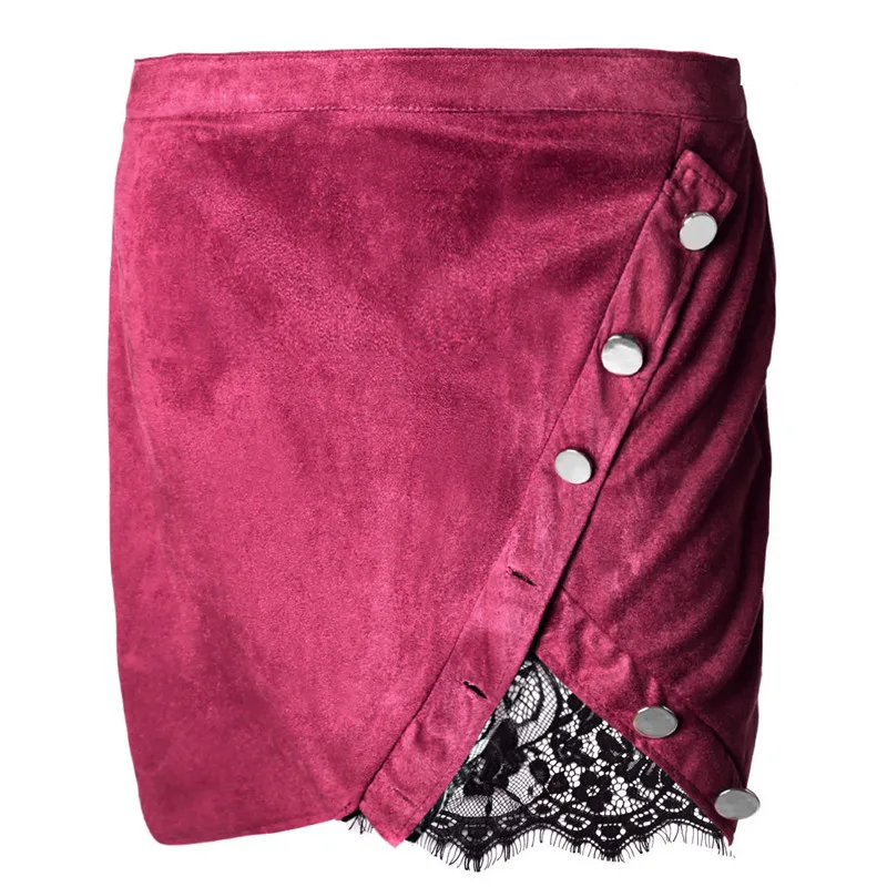 Женская юбка-карандаш с высокой талией, Офисная Женская юбка с пуговицами, кружевная Лоскутная посылка, осенняя Сексуальная замшевая мини-юбка с разрезом - Цвет: red