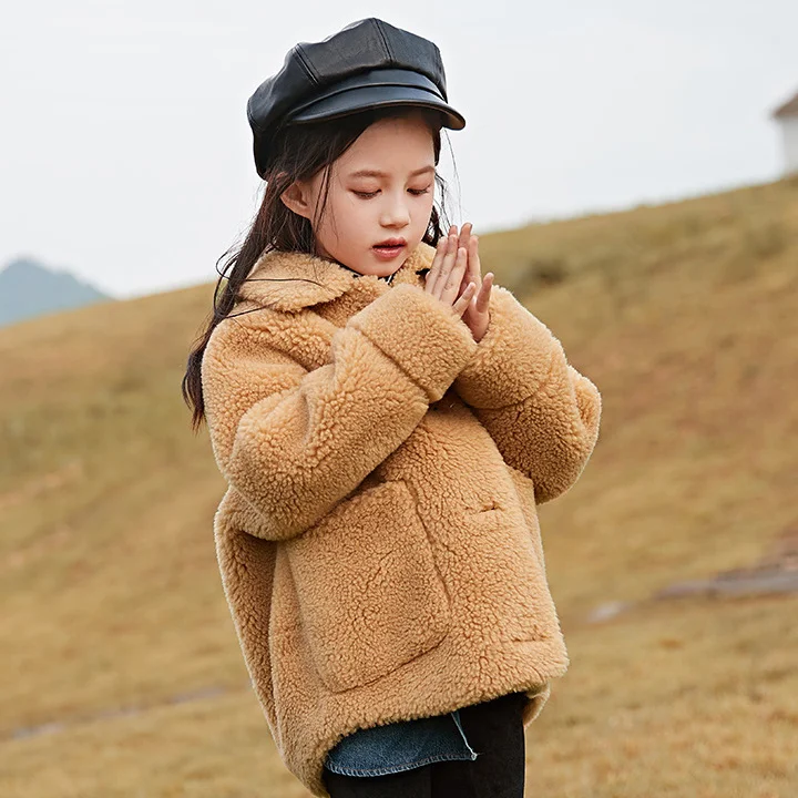 Верхняя одежда из овечьей кожи для девочек; коллекция года; Корейская версия; зимнее детское однобортное пальто из толстого плюша - Цвет: SY02-4