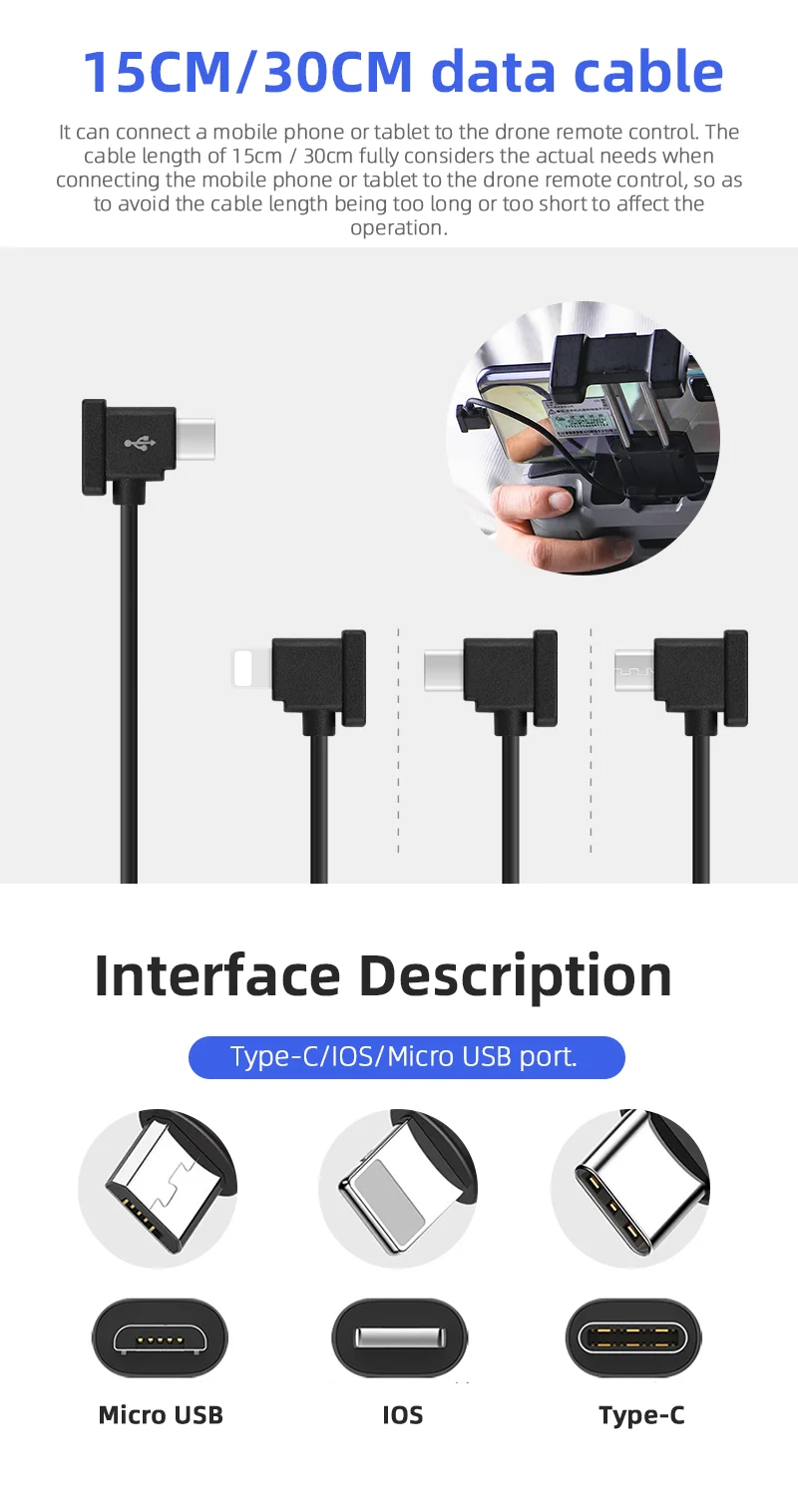 Description Picture 4 of itemOTG Data Cable For DJI MAVIC 3/Air 2/2S/Mini 2/MINI 3 PRO Drone RC-N1 RC-N2 IOS Type-C Micro-USB Wire Connector Accessory