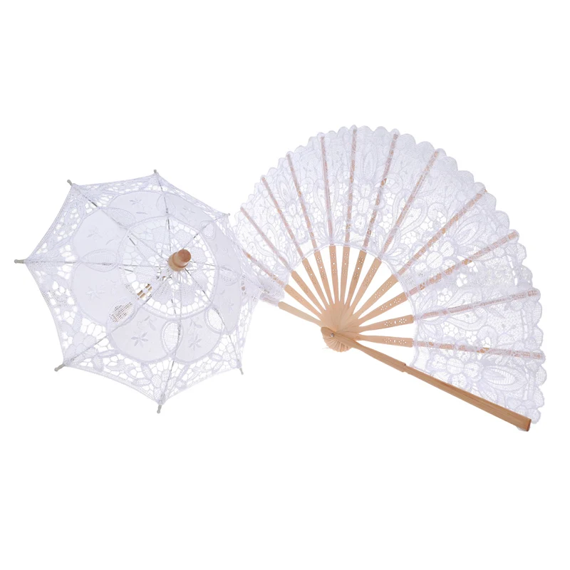 

Handmade Embroidered Lace Umbrella Fan Set Bride Lace Folding Hand Fan for Dancing Cosplay Wedding Home Decoration HTQ99
