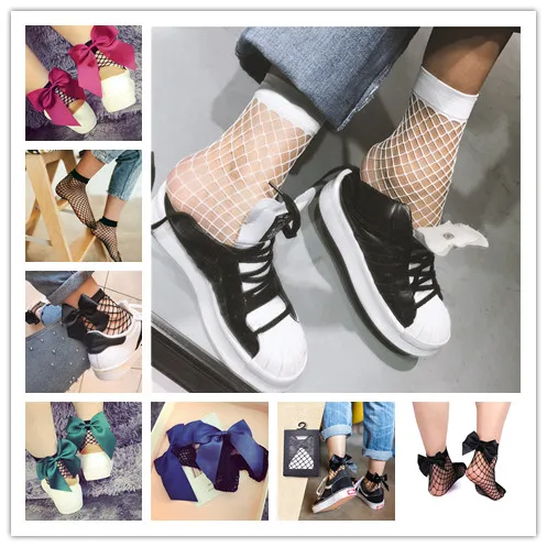 Women Fashion Hollow Out Socks Mesh Nets Breathable Bow Knot Sexy Fishnet Short Socks 1pair 2019 New