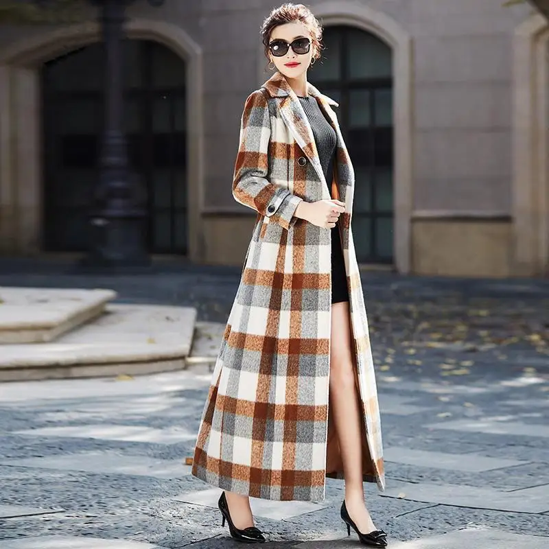 

Women 2019 Autumn Winter Plaid Long Woolen Coat Female Warm Thicken Wool Coats Vintage Long Overcoat Jacket Manteau Femme S08