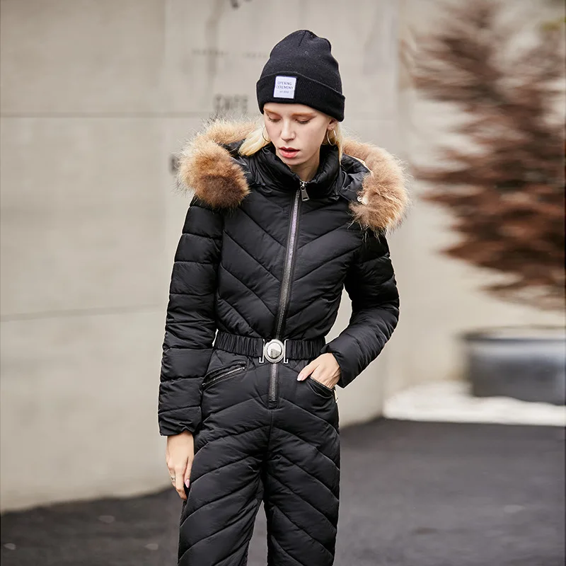 Черный New Women Ski jacket and Pant Ski suits Females Jumpsuit Women Snowboard Waterproof Overall Russia - Цвет: Черный