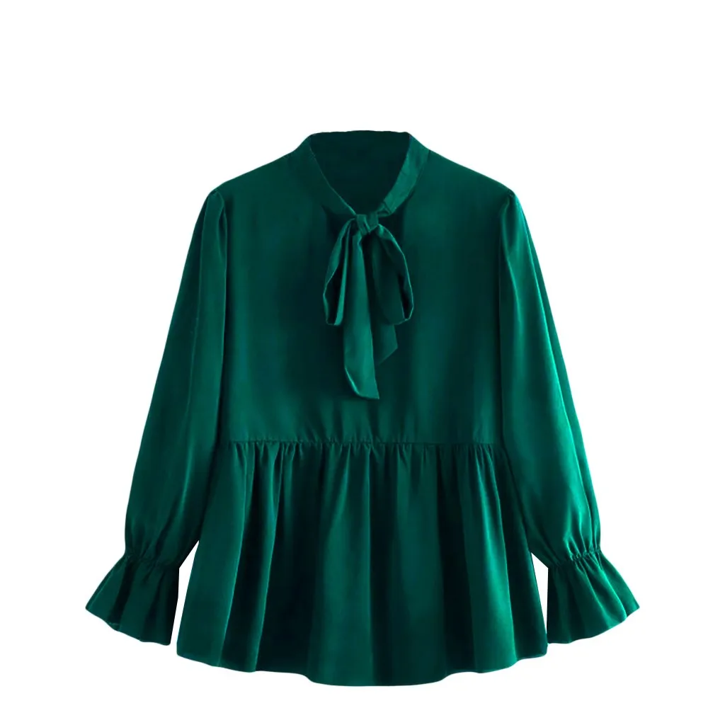 

2020 Plus Size T Shirt Women Green Solid Stand Collar Tshirt Flare Long Sleeve Casual Summer Bow Tie Tops Harajuku Women T-shirt