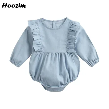

Spring Minimalist Solid Flounce Elastic Long Sleeve Bodysuit Baby Fashion Back Button Jumpsuit Infant Beauty Girl Baby Clothing