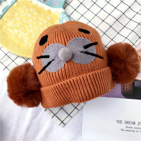 Детские шапочки Skullies Beanies для мальчиков и девочек, зимняя однотонная шапка с мультяшными ушками, теплые модные Эластичные аксессуары с помпоном - Цвет: 5