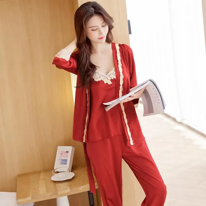 Женский халат, удобное нижнее белье, мягкая одежда для дома, ночная рубашка, элегантное однотонное ночное белье, домашняя одежда, кружевное кимоно с v-образным вырезом, халат, комплект для сна - Цвет: Red