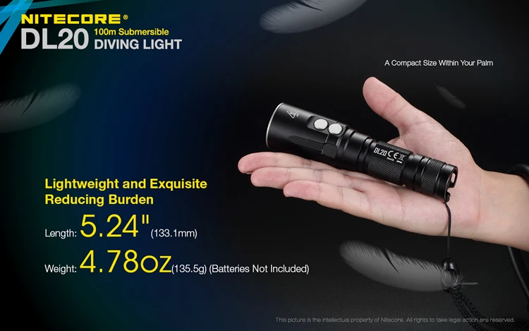 Nitecore DL20 100 метра погружной Дайвинг светильник 1000 LMs благодаря светодиоду CREE XPL HI V3 белого цвета+ красные светодиоды вспышки светильник водонепроницаемый Подводный фонарь