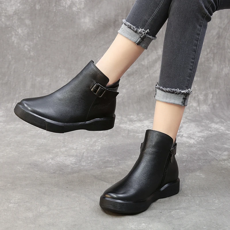 GKTINOO Winter Boots Women Genuine Leather Ankle Boots Plush Inside Handmade Soft Flat Shoes Retro Women's Shoes Boots