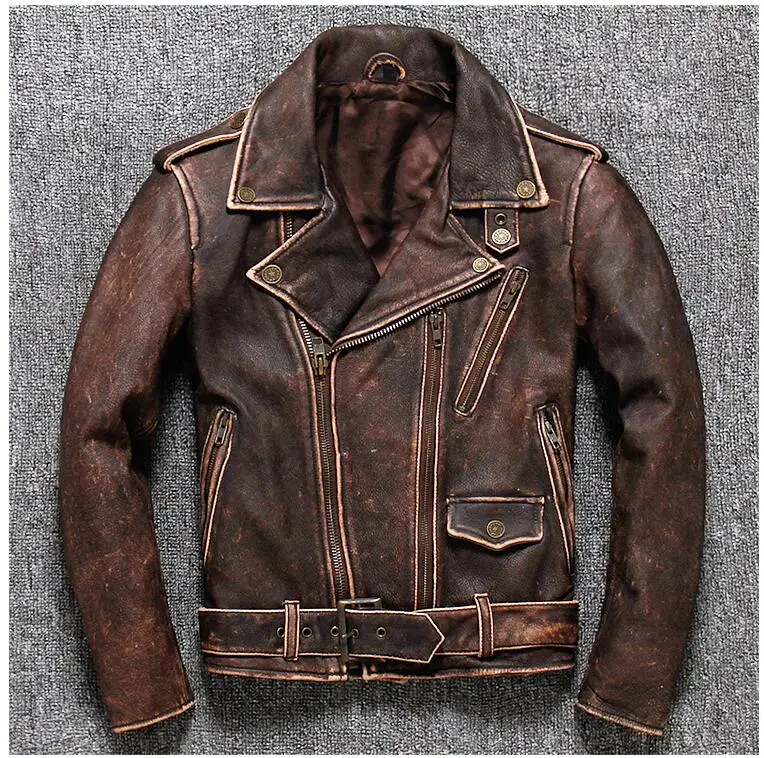 Винтажная коричневая Мужская Американская Байкерская кожаная куртка плюс размер XXXXXL из натуральной воловьей кожи Slim Fit мотоциклетное пальто
