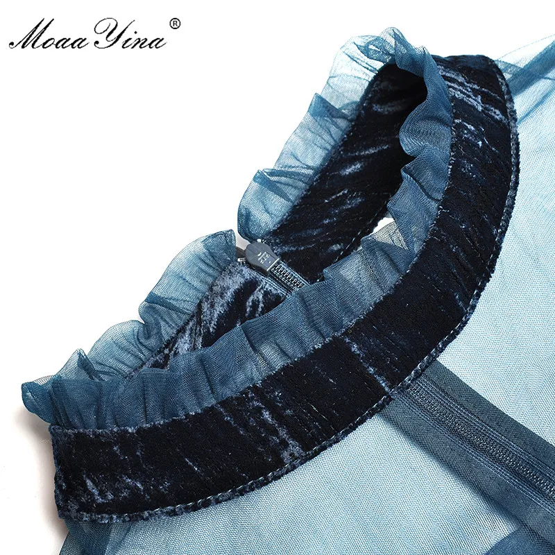 MoaaYina/модное дизайнерское платье для подиума; сезон весна-осень; женское платье с воротником-стойкой и длинными рукавами; Сетчатое платье в стиле пэчворк; бархатные платья
