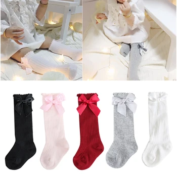 

Autumn Winter New Girls Solid Color Bubble Mouth Soft And Comfortable Baby Bow Vertical Striped Socks 0-4 Years Old