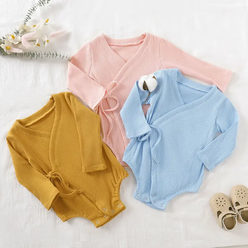 

2019 Brand Newborn Kids Baby Girls Boys Solid Kimono Cotton Bodysuit Outfit Autumn Long Sleeve Soft Baby Clothes