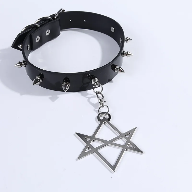 Женский панк-воротник с заклепками для девочек, ожерелье из сплава, подвеска с пентаграммой, кожаный шок, Harajuku, шикарное ожерелье, регулируемая - Окраска металла: Star