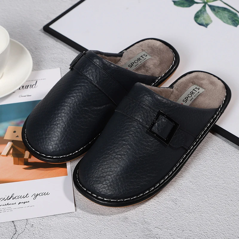 blue Slippers Men Leather Cotton Slippers Men Autumn Home Couple Indoor Waterproof Non-slip Women Cotton Slippers Women - Цвет: blue