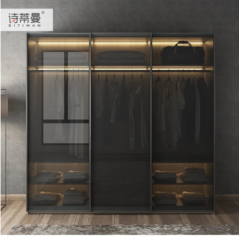 MDF Fiber Board Wardrobe with LED Lighting Dress font b Closet b font Armoire with Black