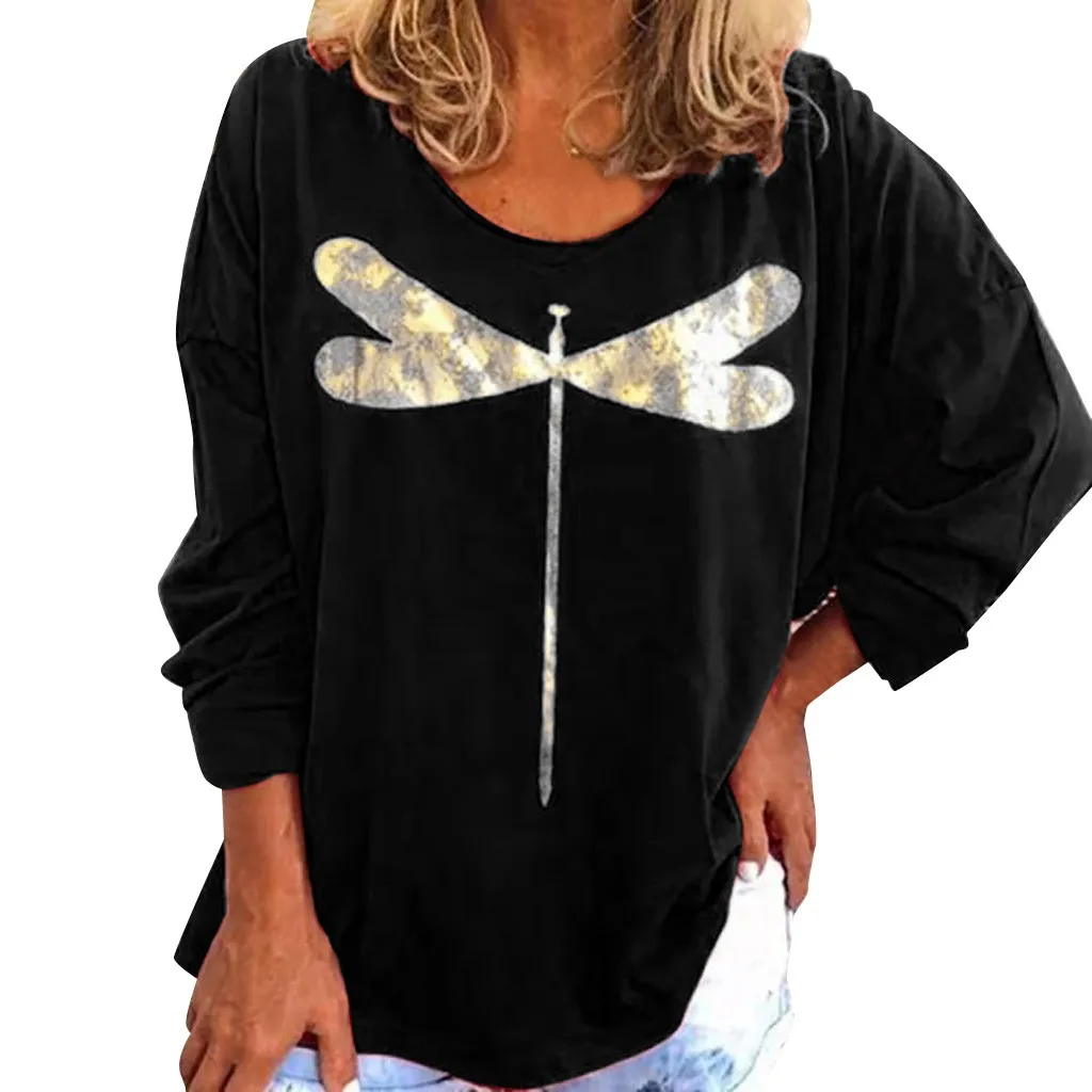 Poleras mujer de moda camiseta mujer Футболка женская Повседневная Свободная Длинная толстовка с v-образным вырезом и рукавом с принтом Топы camisa feminina