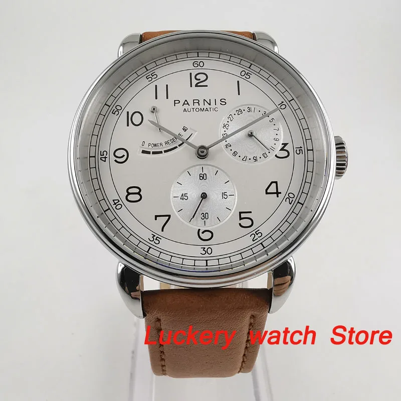 

Parnis 42mm mens mechanical watch leather bracelet stainless steel case Power Reserve Automatic watch-PA110