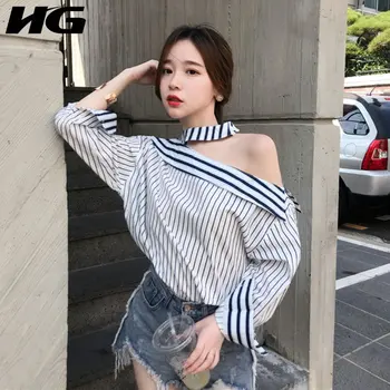 

HG Stripe Sexy Off Shoulder Women Shirts Hanging Collar Elegant Women Tops Fashion Blouse Autumn Women Clothes 2019 New XJ2030