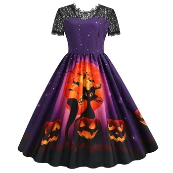 Women Casual Halloween Dress Short Sleeve Lace Evening Party Dresses Vintage Sundress Patchwork Party Dress