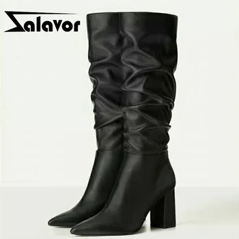 

ZALAVOR Real Leather Over The Knee Boots Pointed Toe Thick High Heel Zipper Solid Color Winter Ladies Footwear Size 33-43