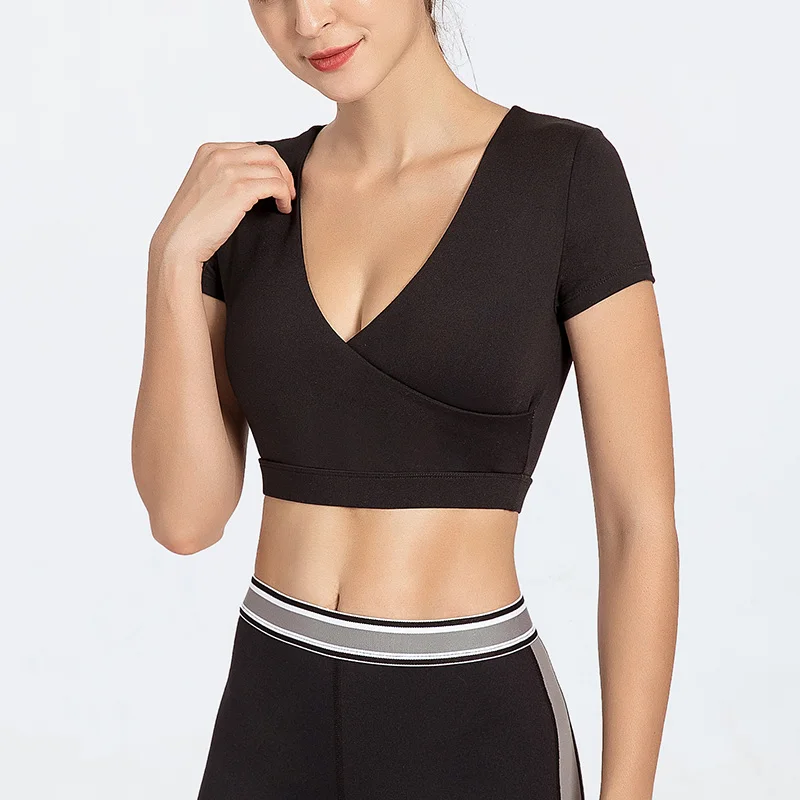 Yoga Top Sport Short Sleeve Women Yoga Shirt Sexy Fashion V-neck Solid Color Quick Dry Breathable Gym Fitness Shirt